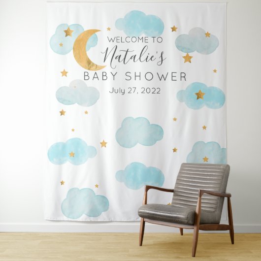 Aangepaste tekst Baby shower Moon & Stars Wandkleed (In situ)