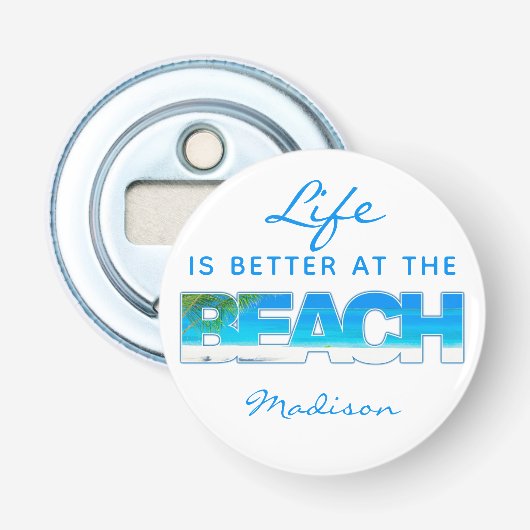 Aangepaste tekst BEACH Button Flesopener (Voorkant)