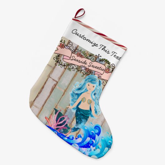 Aangepaste tekst/Beach Island Ocean Mermaid Glitte Grote Kerstsok (Voorkant (Hangend))