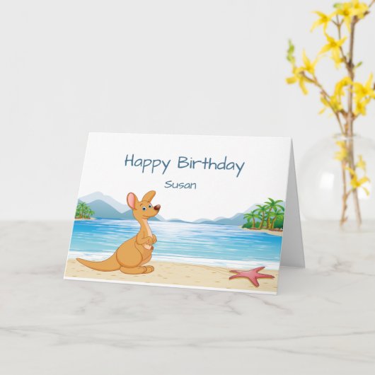 Aangepaste tekst Birthday Fun Australia Kangaroo B Kaart (Gele Bloem)