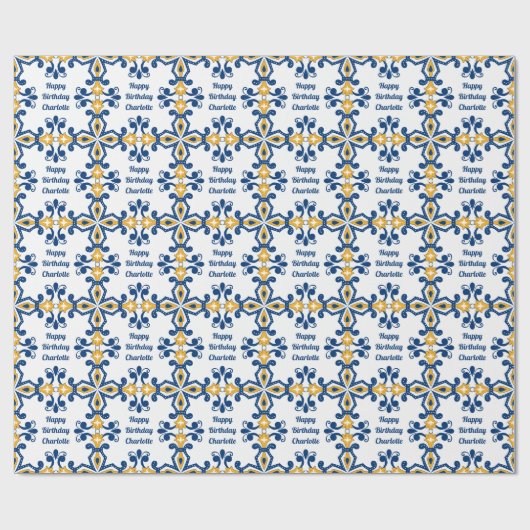 Aangepaste tekst 💙 Blauw en geel Azulejos, Cadeaupapier (Vlak)