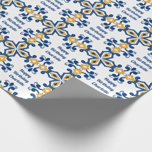 Aangepaste tekst 💙 Blauw en geel Azulejos, Cadeaupapier (Hoek)