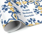 Aangepaste tekst 💙 Blauw en geel Azulejos, Cadeaupapier (Rol Hoek)