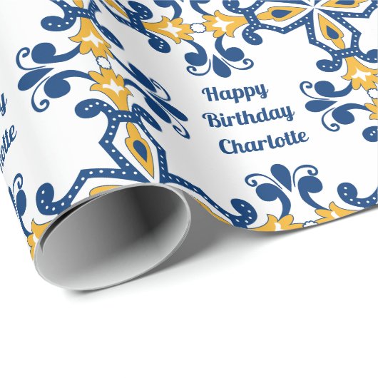 Aangepaste tekst 💙 Blauw en geel Azulejos, Cadeaupapier (Rol Hoek)