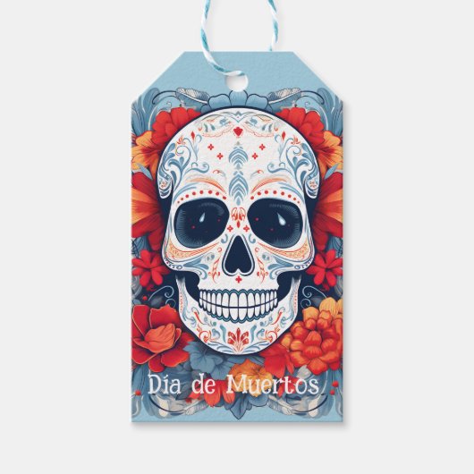Aangepaste tekst blauw en rood Día de Muertos Cadeaulabel (Voorkant)