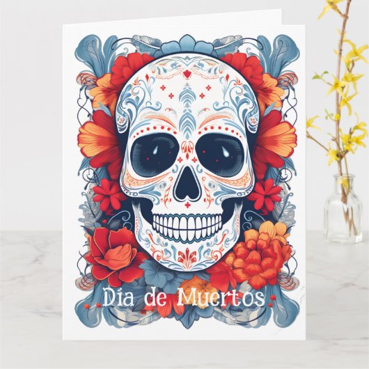Aangepaste tekst blauw en rood Día de Muertos Kaart (Gele Bloem)