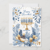 Aangepaste tekst Blauwe Bloesem Hanukkah Menorah Feestdagenkaart (Voorkant)