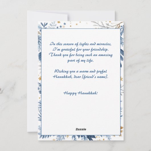 Aangepaste tekst Blauwe Bloesem Hanukkah Menorah Feestdagenkaart (Achterkant)