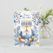 Aangepaste tekst Blauwe Bloesem Hanukkah Menorah Feestdagenkaart (Staand voorkant)