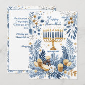 Aangepaste tekst Blauwe Bloesem Hanukkah Menorah Feestdagenkaart (Voorkant / Achterkant)