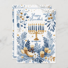 Aangepaste tekst Blauwe Bloesem Hanukkah Menorah Feestdagenkaart