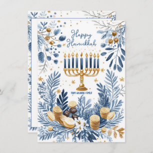 Aangepaste tekst Blauwe Bloesem Hanukkah Menorah Feestdagenkaart