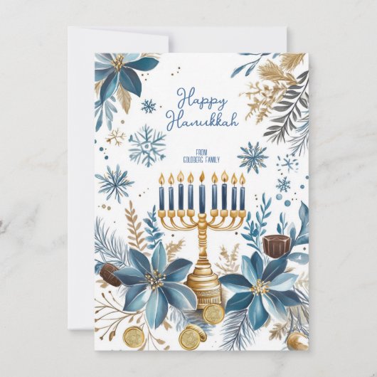 Aangepaste tekst Blauwe Bloesem Hanukkah Menorah Feestdagenkaart (Voorkant)