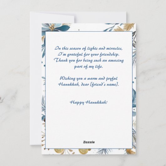 Aangepaste tekst Blauwe Bloesem Hanukkah Menorah Feestdagenkaart (Achterkant)