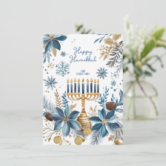 Aangepaste tekst Blauwe Bloesem Hanukkah Menorah Feestdagenkaart (Staand voorkant)