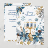 Aangepaste tekst Blauwe Bloesem Hanukkah Menorah Feestdagenkaart (Voorkant / Achterkant)