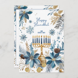 Aangepaste tekst Blauwe Bloesem Hanukkah Menorah Feestdagenkaart