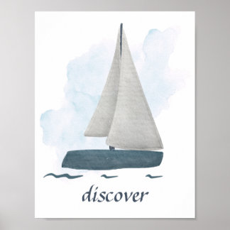 Aangepaste tekst Blauwe Witte Zeilboot Zeevaart Oc Poster