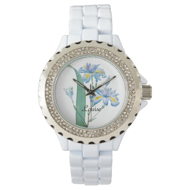 Aangepaste (tekst) Blue Spring Flower Waterverf Horloge (Voorkant)