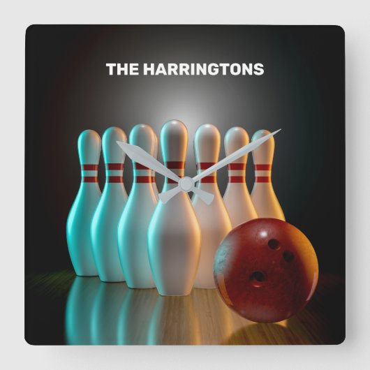Aangepaste tekst Bowling Strike Vierkante Klok (Voorkant)