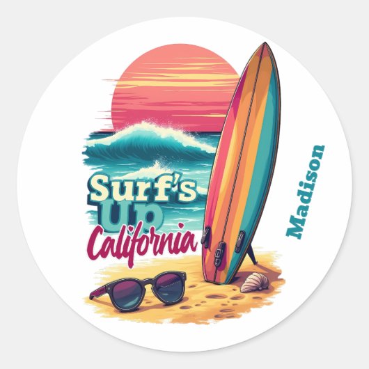 Aangepaste tekst California Surfen Ronde Sticker (Voorkant)