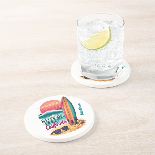 Aangepaste tekst California Surfen Zandsteen Onderzetter (Zijkant)