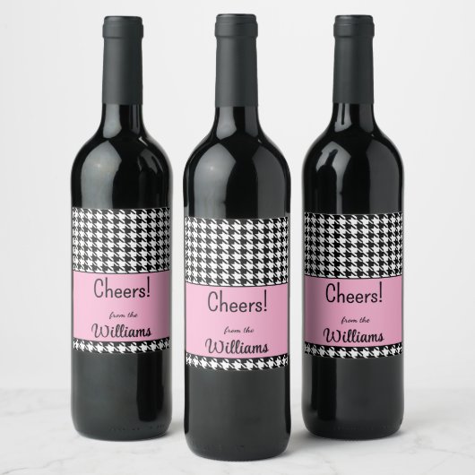 Aangepaste tekst, Cheers Pink Houndstooth (6) Wijn Etiket (Flessen)