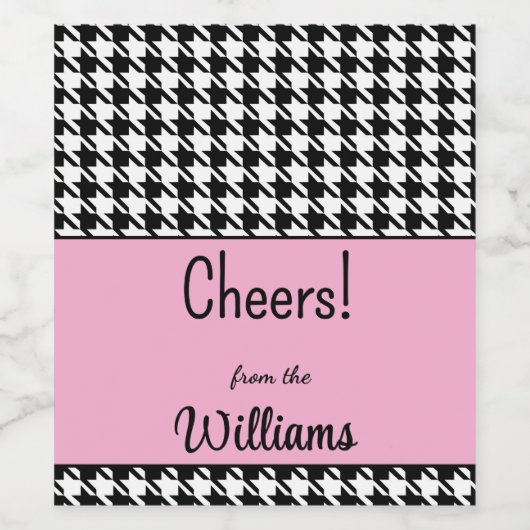 Aangepaste tekst, Cheers Pink Houndstooth (6) Wijn Etiket (Enkel label)