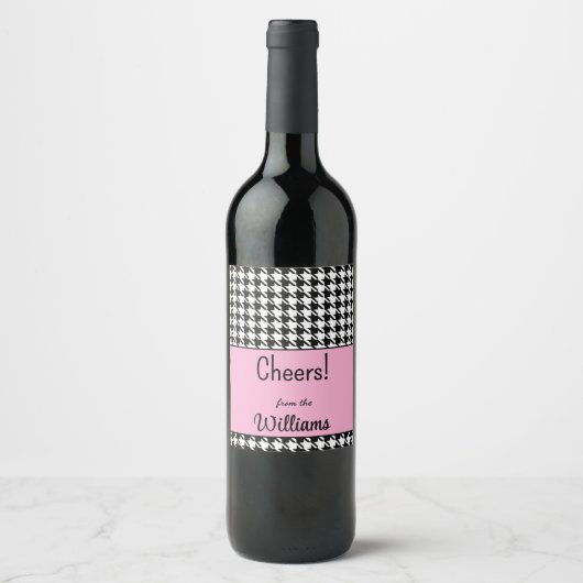 Aangepaste tekst, Cheers Pink Houndstooth (6) Wijn Etiket (Voorkant)