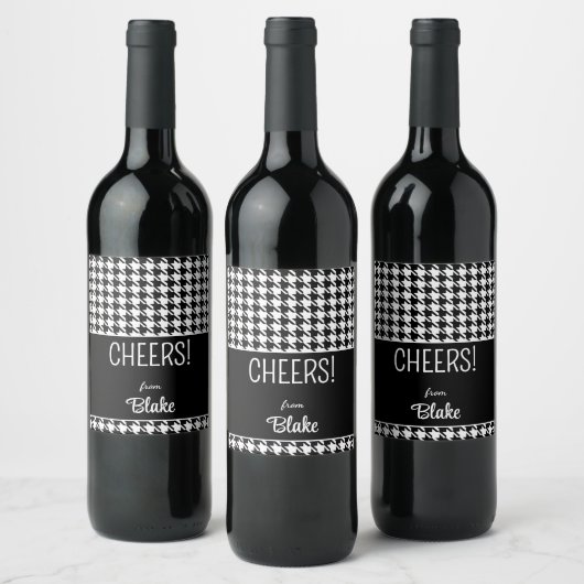 Aangepaste tekst, CHEERS Zwart & Wit Houndstooth ( Wijn Etiket (Flessen)