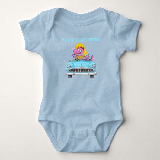 Aangepaste tekst Cute Roze Dinosaur Rijdend in Vin Romper (Voorkant)