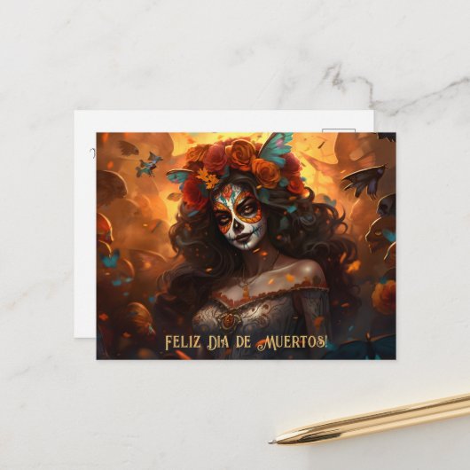 Aangepaste tekst Dia de Muertos La Calavera Garban Briefkaart (Voorkant / Achterkant in situ)