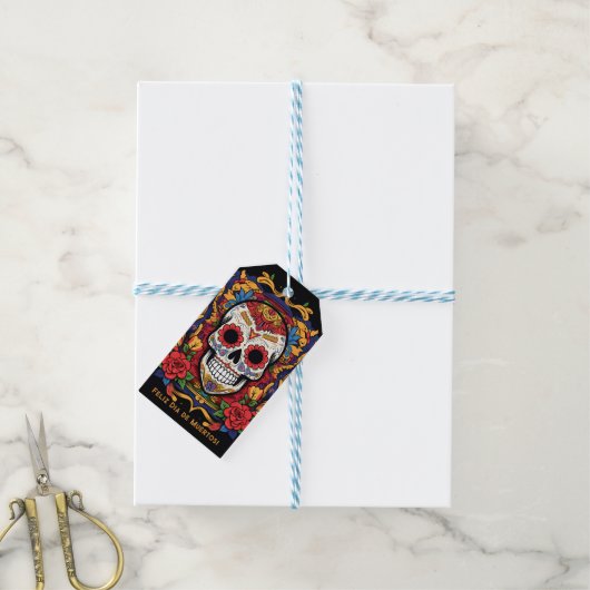 Aangepaste tekst Dia de Muertos☠️ Suikerschedel Cadeaulabel (Met Touw)