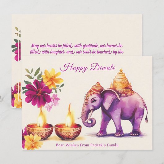 Aangepaste tekst, Diwali Elephant Grace Feestdagenkaart (Voorkant / Achterkant)