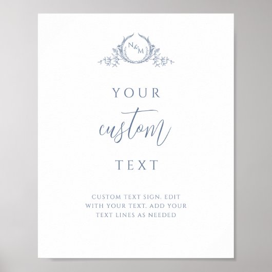 Aangepaste tekst, Dusty Blue Monogram Trouwbord Poster (Voorkant)