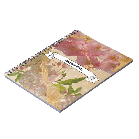 Aangepaste tekst Elegant Gold Shimmer Floral-ontko Notitieboek (Linkerzijde)