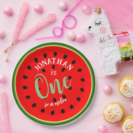 Aangepaste tekst en afbeelding één in een meloen r papieren bordje (Feest)