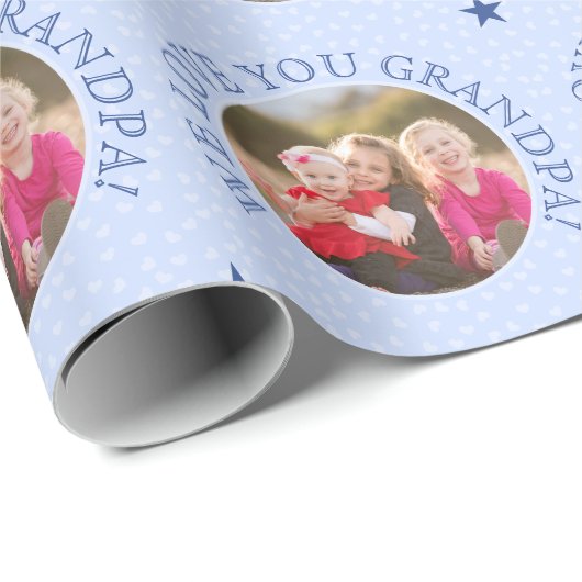 Aangepaste tekst en foto's blauw cadeaupapier (Rol Hoek)