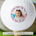 Aangepaste tekst en kleur gepersonaliseerde foto golfballen<br><div class="desc">Creëer unieke, gepersonaliseerde golfballen met uw foto of een logo en aangepaste tekst en kleur (getoond in maroon) voor de golfliefhebber die u kent. ASSISTENTIE: Voor hulp bij ontwerpwijziging of personalisatie, kleurwijziging, vergroten/verkleinen, overbrengen van het ontwerp naar een ander product of u wilt het coördineren van items, neem contact op...</div>