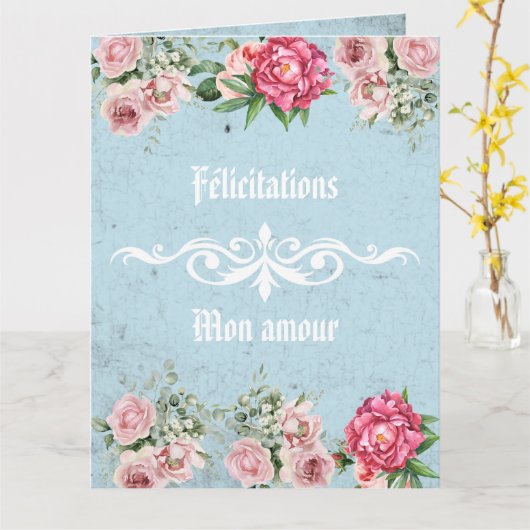 Aangepaste tekst Félicitations mon amour Rustieke  Kaart (Gele Bloem)