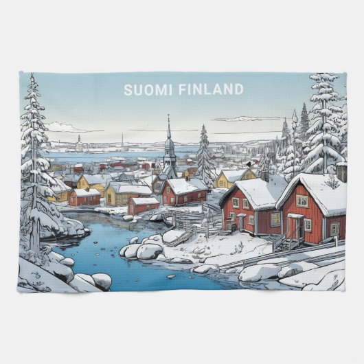 Aangepaste tekst Finland Winter Illustratie Theedoek (Horizontaal)