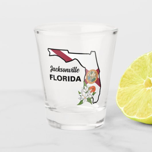 Aangepaste tekst Florida Flag & Flower Sinaasappel Shot Glas (Voorkant)
