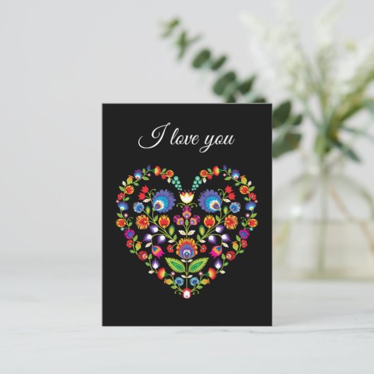 ❤ Aangepaste tekst, Folklore hart, Wycinanki stijl Briefkaart (Staand voorkant)