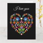 ❤ aangepaste tekst, Folklore-hart, Wycinanki-stijl Kaart (Gele Bloem)