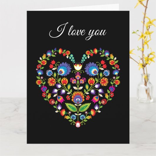 ❤ aangepaste tekst, Folklore-hart, Wycinanki-stijl Kaart (Gele Bloem)