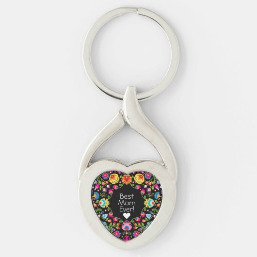 Aangepaste tekst, folkloristische bloemen hart sleutelhanger (Voorkant)