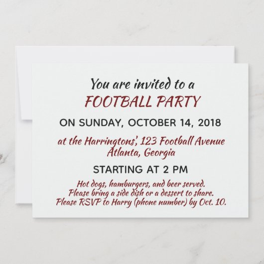 Aangepaste tekst Football Party uitnodiging (Achterkant)