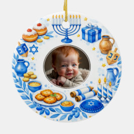Aangepaste tekst foto Baby's eerste Hanukkah Keramisch Ornament