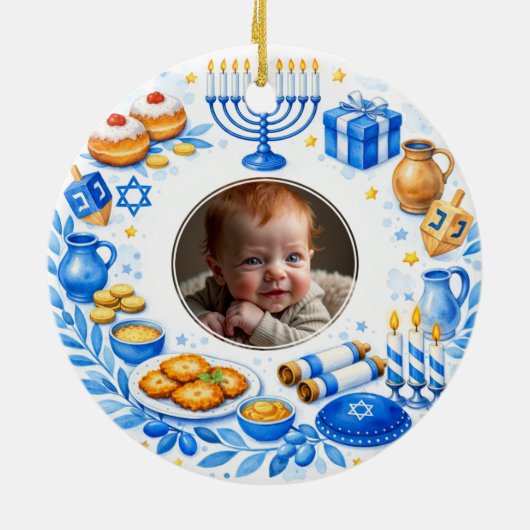 Aangepaste tekst  foto Baby's eerste Hanukkah Keramisch Ornament (Achterkant)