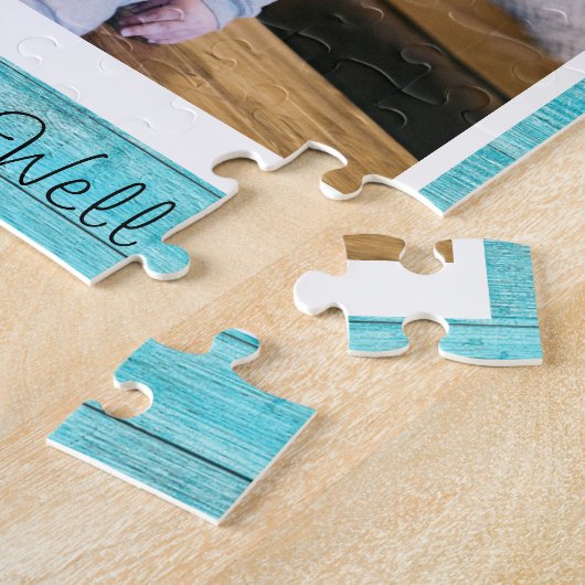 Aangepaste tekst/foto Blue Turquoise Wooden Rustic Legpuzzel (Zijkant)